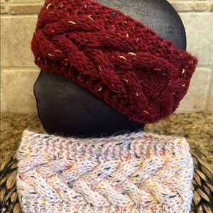 Cozy Knit Headband Set – Fleece Lined Winter Ear Warmers – Burgundy + Pink Speck